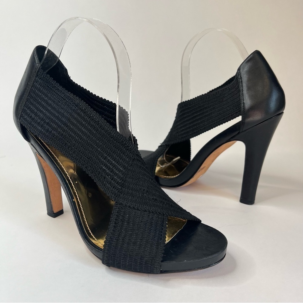 Vince Camuto Sasha Black Leather Texture Stretch Crossover Elastic Open Toe Heel